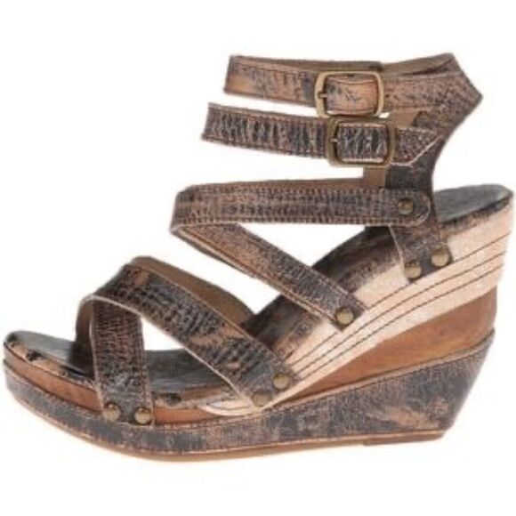 Bed Stu Shoes - Bed Stu Juliana Distressed Brown Wooden Platform Heeled Sandals Sz 8.5
